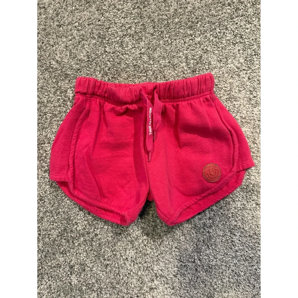 True Religion Shorts Girls L(6X) Pink Sweat Shorts Horseshoe Logo Dolphin Hem